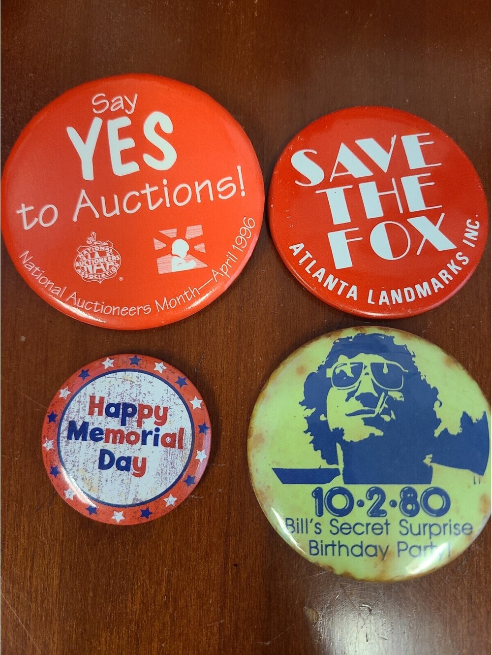 Lot of 4 Various Vintage Pinback Button 1980s Auctions,Save the Fox, Birthday